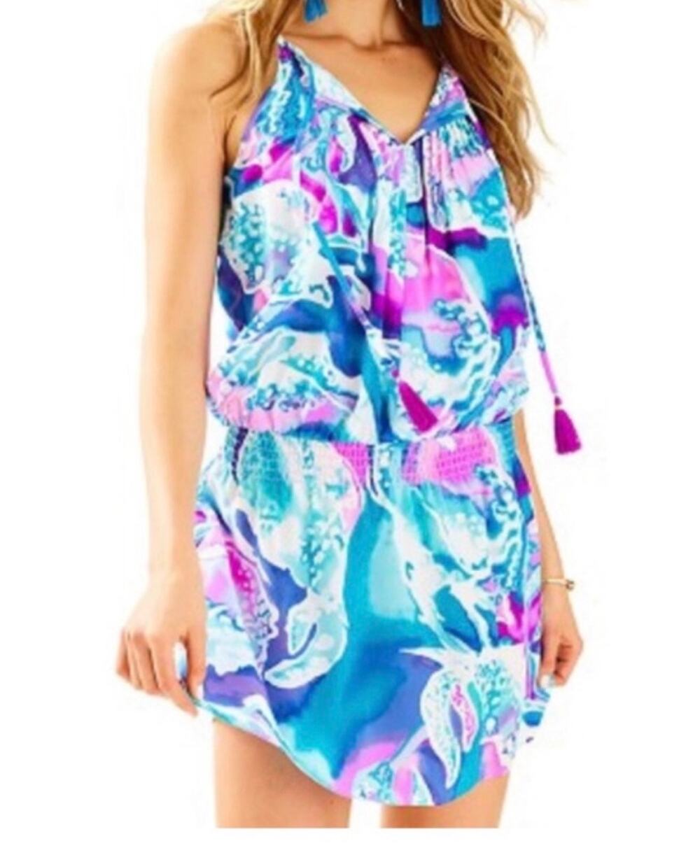 Lilly Pulitzer Womens M Minda Silk Dress in Purple Opal Swell-Sleeveless-Tassels